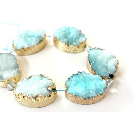 Blue Druzy Quartz beads, oval, gold plated