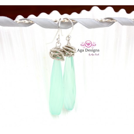 Mint Chalcedony and Coiled Silver Wire Earrings