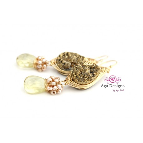 Druzy Gold earrings with Lemon Quartz and Seed Pearls