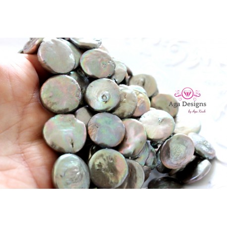 Center drilled coin shape Grey/Green fresh water pearls 19mm