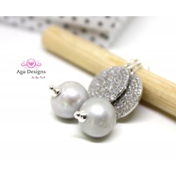 Earrings with Silver Fresh Water Pearl and Sterling Silver Pave beads