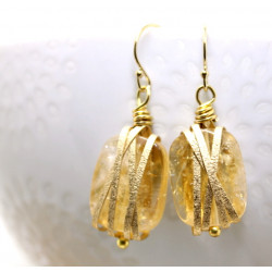 Citrine Earrings wrapped in textured gold wire